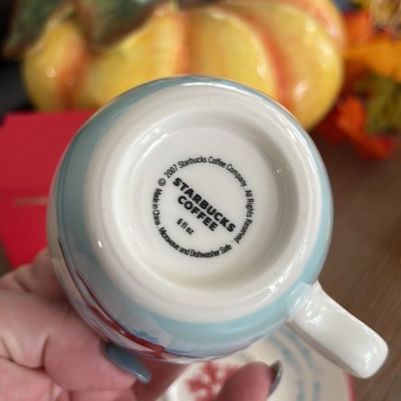 Starbucks Holiday Collectible w Penguin Skiing in Snow. Espresso Cup & Saucer - Picture 3 of 6